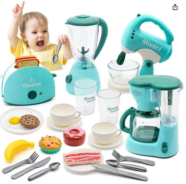 Pretend Play Kitchen Appliances Toy Set, Kids Kitchen Accessories Set - Coffee Maker, Toaster, Mixer, Blender with Light and Sound, Food Playset, Dishes for Girls Boys Kids Ages 3 4 5 6 7 8